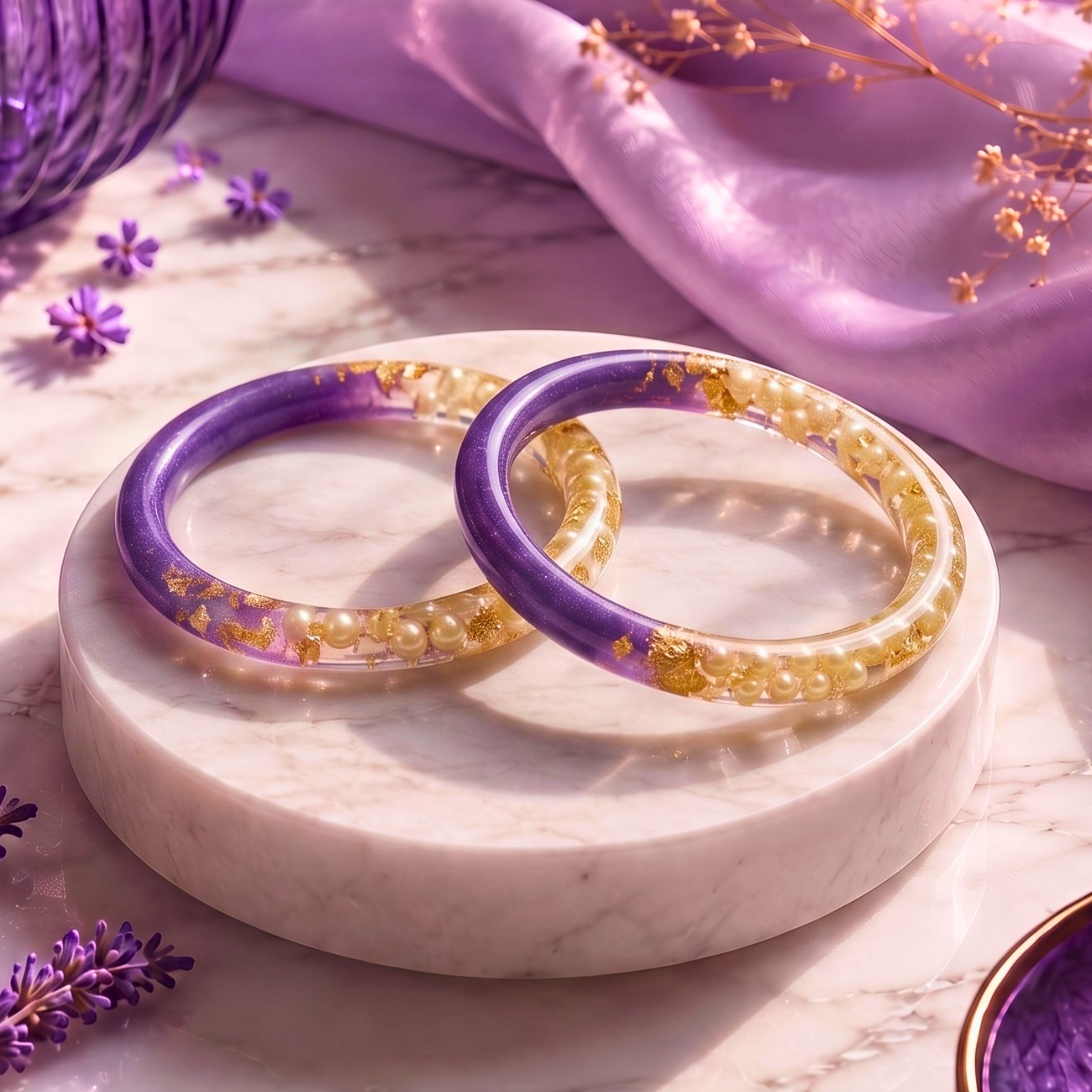 Handmade Amethyst Pearl Resin Bangles (Pair) | Faroha Studios