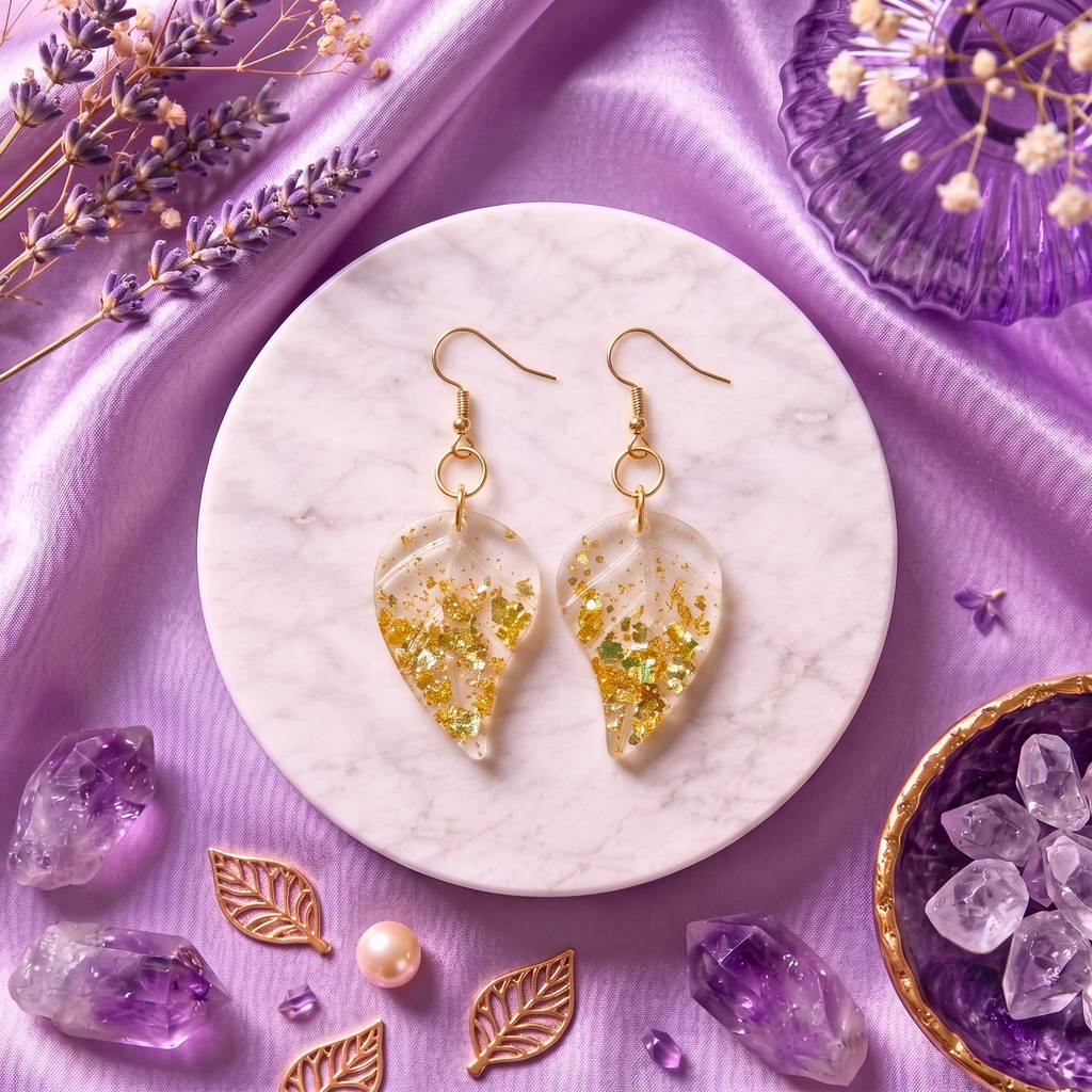 Golden Leaf Resin Earrings – Handmade Botanical Resin Earrings for Women | Faroha Studios