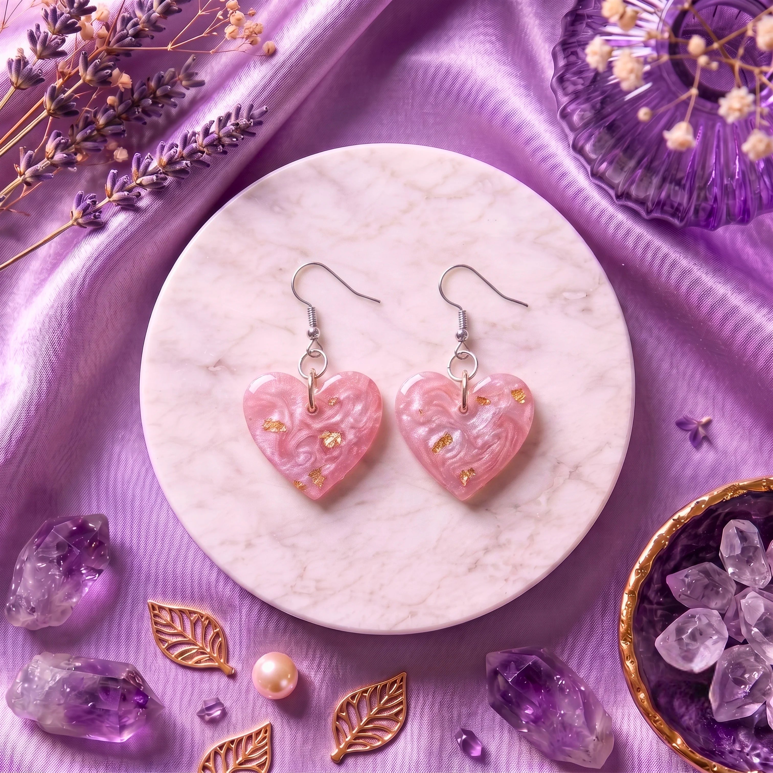 Blush Romance Resin Heart Earrings – Handmade Pink Resin Earrings for Women | Faroha Studios