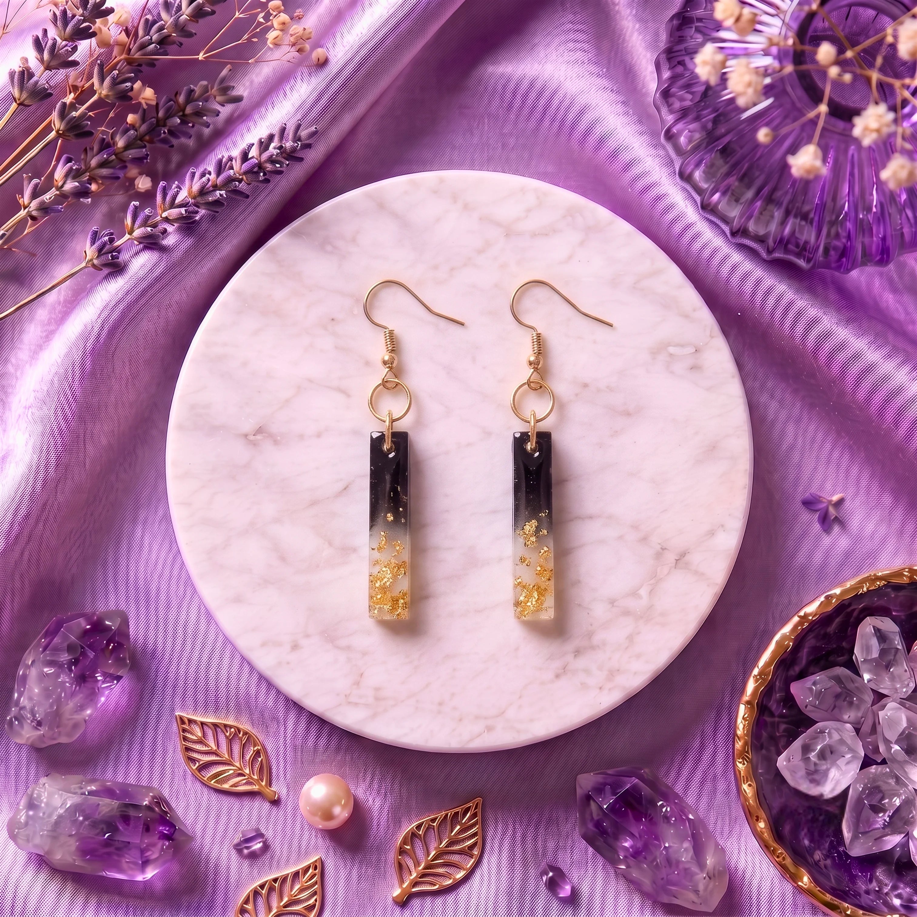 Midnight Luxe Resin Earrings – Handmade Black & Gold Statement Earrings for Women | Faroha Studios