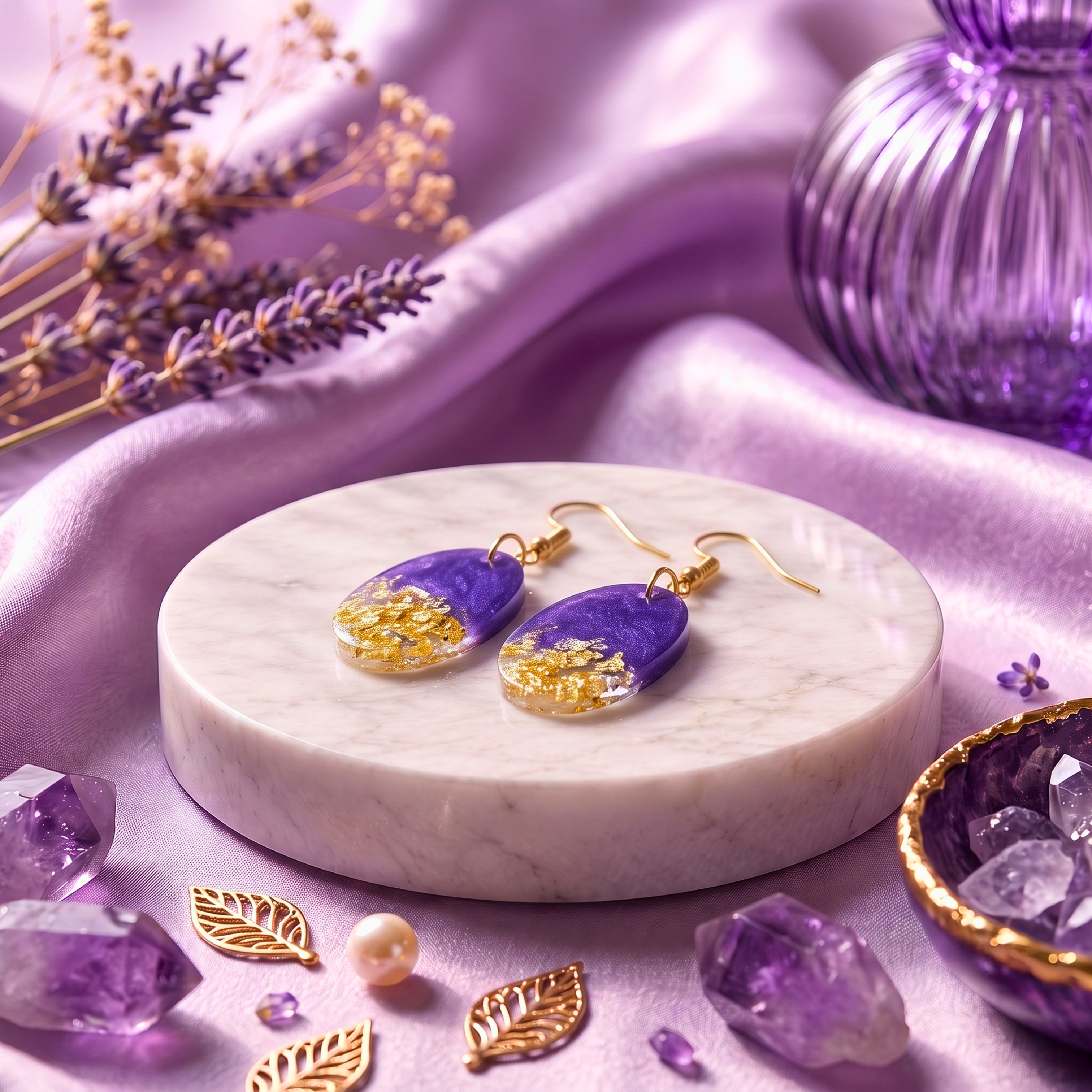 Amethyst Glow Resin Earrings – Handmade Purple & Gold Foil Earrings for Women | Faroha Studios
