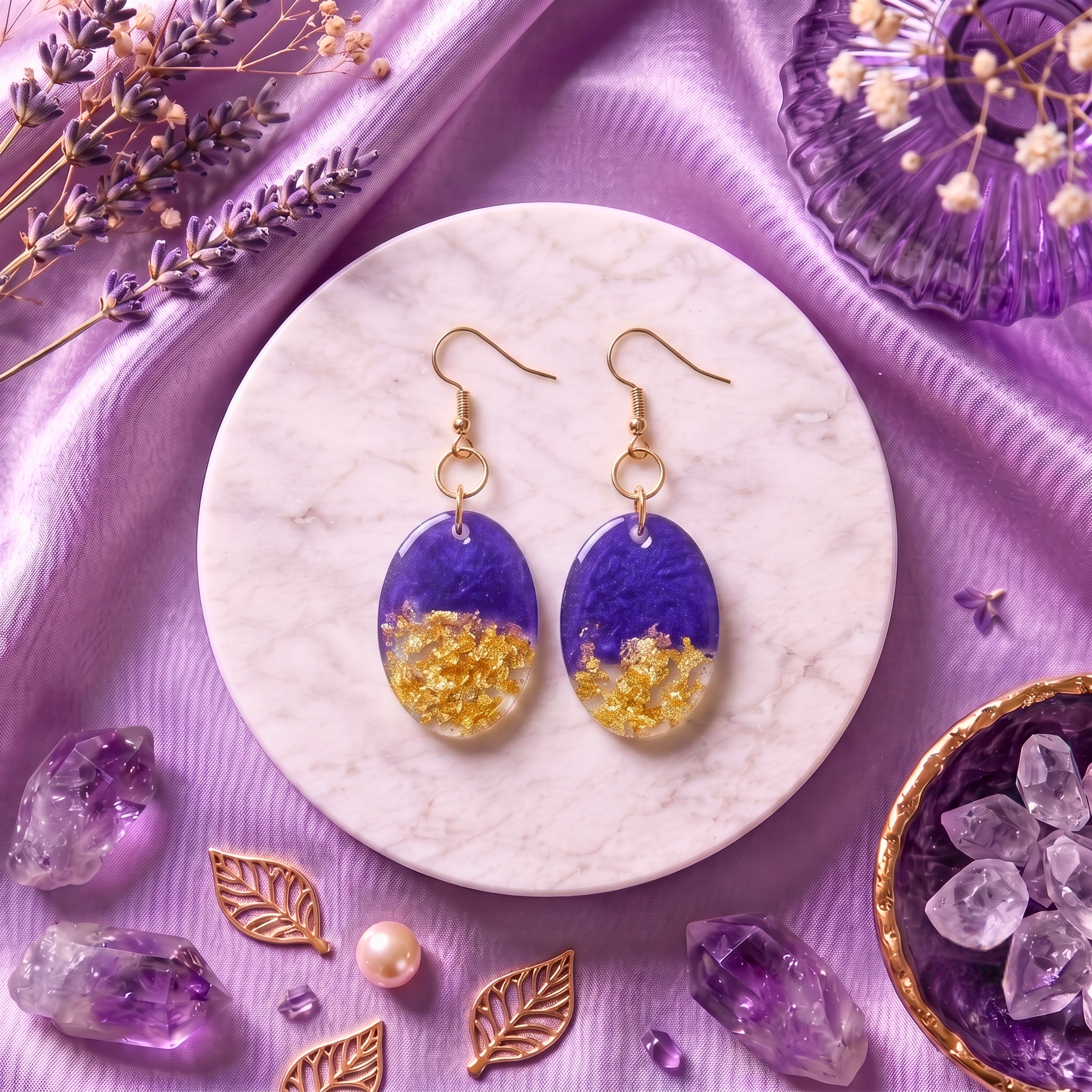 Amethyst Glow Resin Earrings – Handmade Purple & Gold Foil Earrings for Women | Faroha Studios