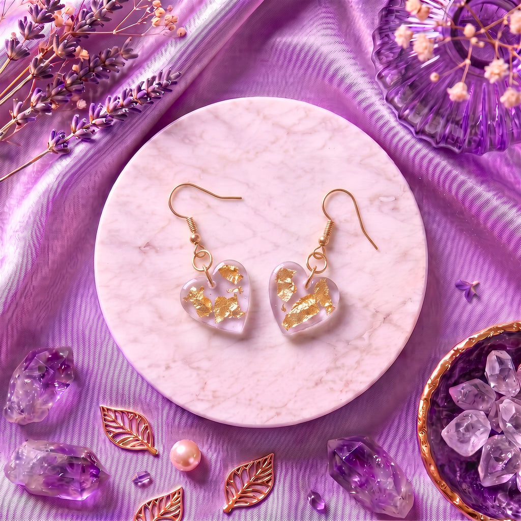 Gilded Crystal Heart Resin Earrings – Handmade Gold Foil Heart Earrings for Women | Faroha Studios